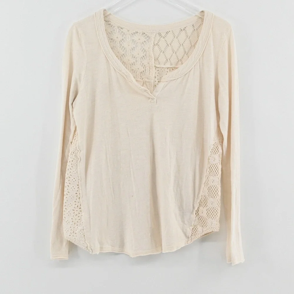 Free People Patches of Lace Top Womens Size S Cream Patchwork Henley Boho Eyelet